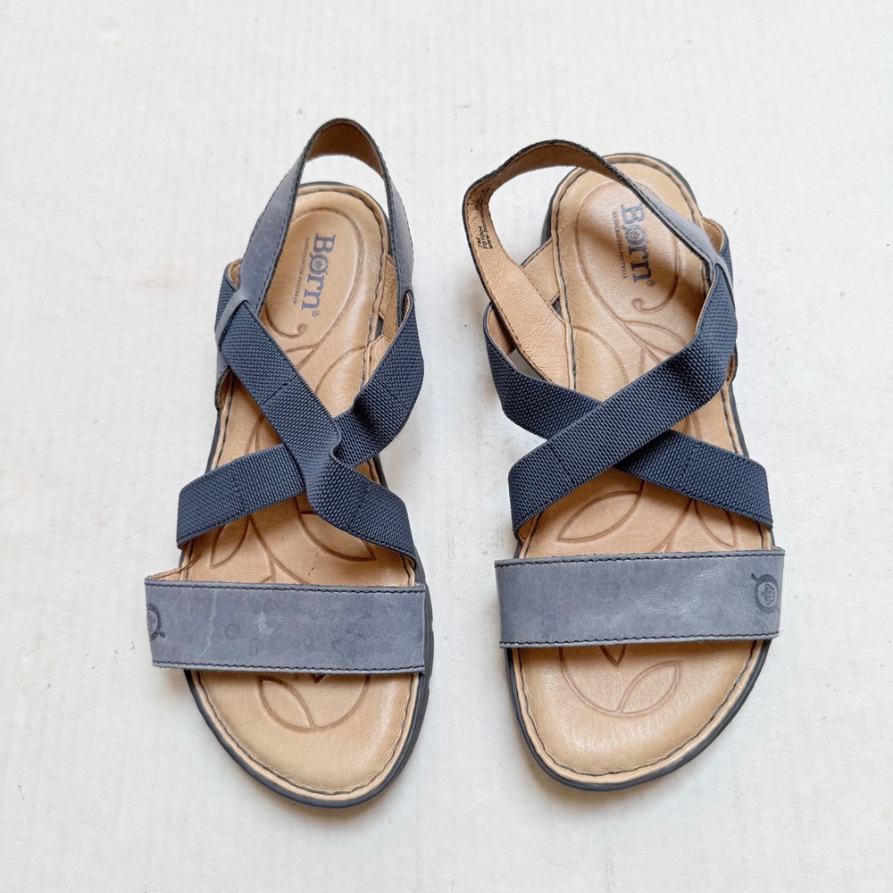 Born Womens Strappy Leather Elastic Slingback Flat Sandals Blue Grey Womens 7M